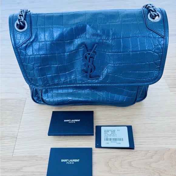 Saint Laurent Navy Croc Embossed Bag - Picture 1 of 16